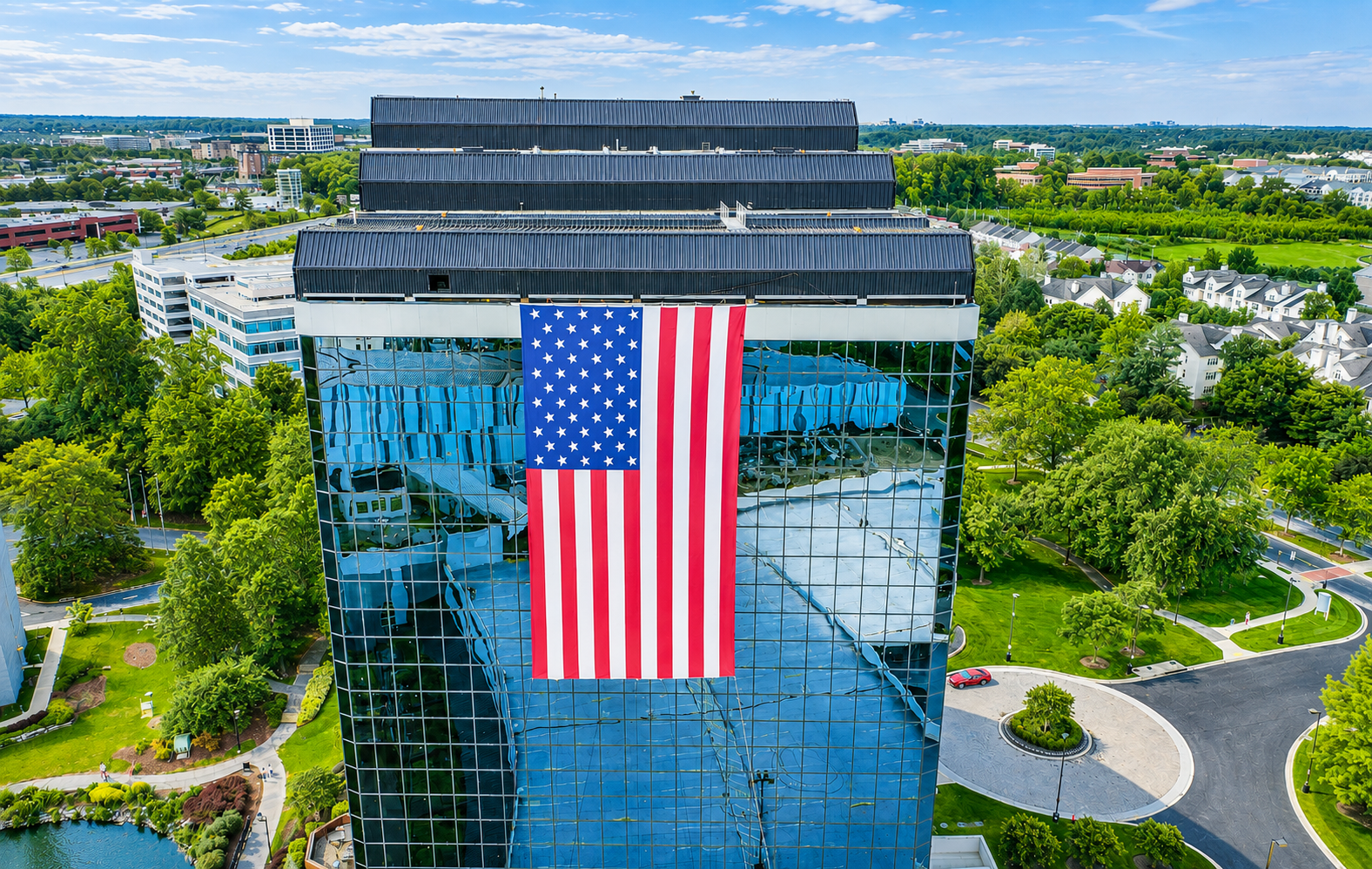 Office building with large American flag