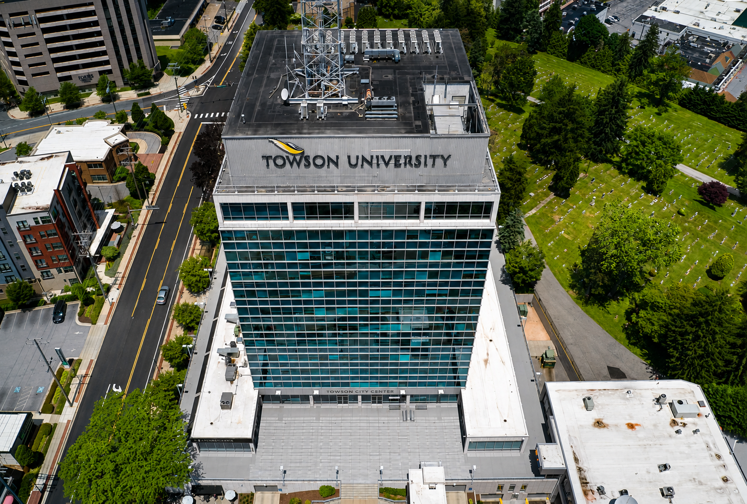 Towson University tower aerial view